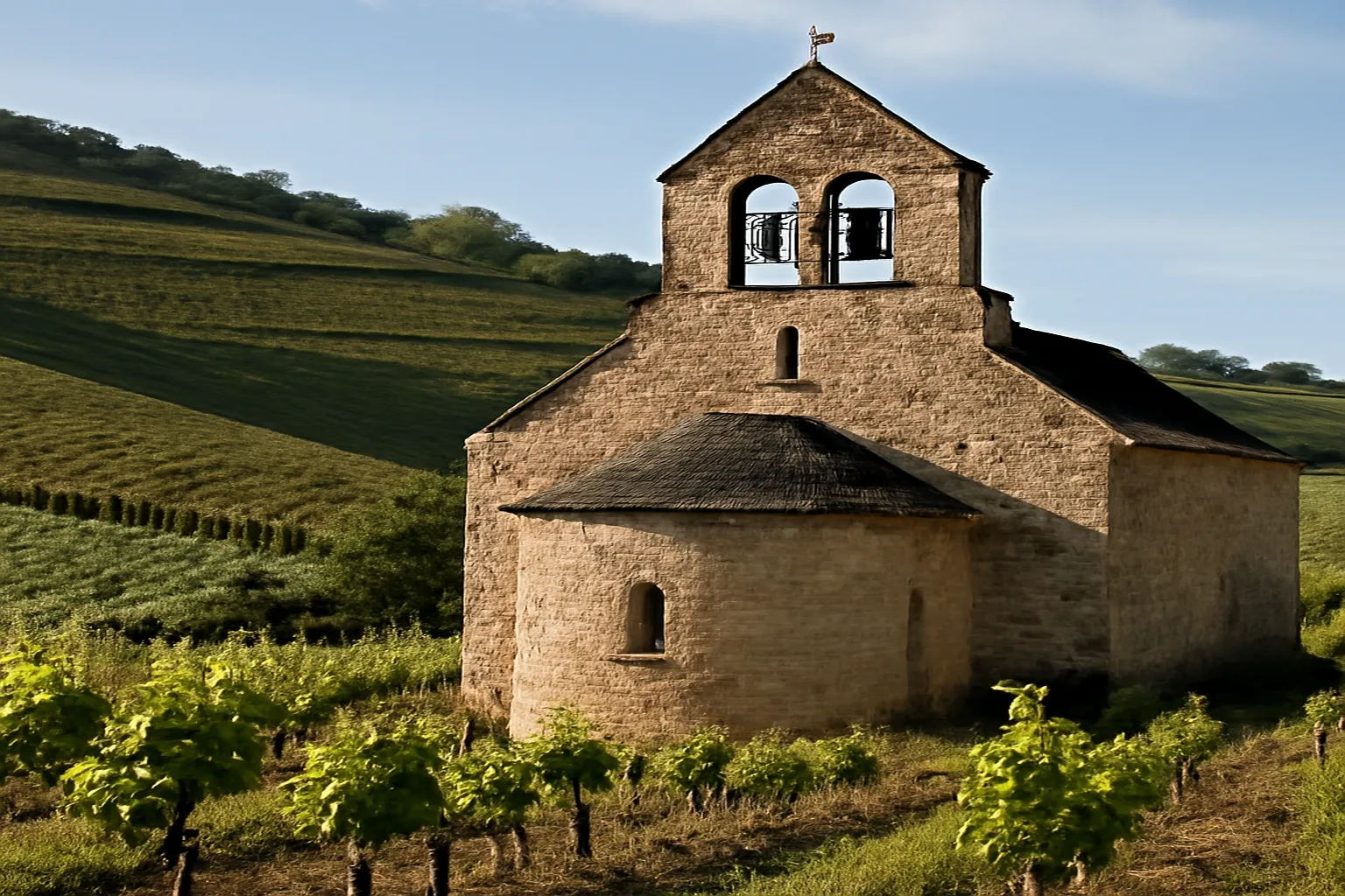 Église romane béarnaise en pierre entourée de vignes en coteaux