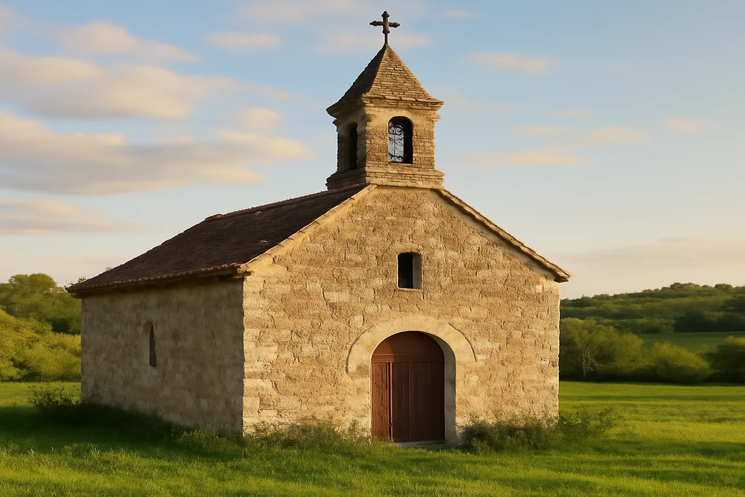 Petite chapelle rurale isolée dans la campagne béarnaise, pierre patinée entourée de prairies