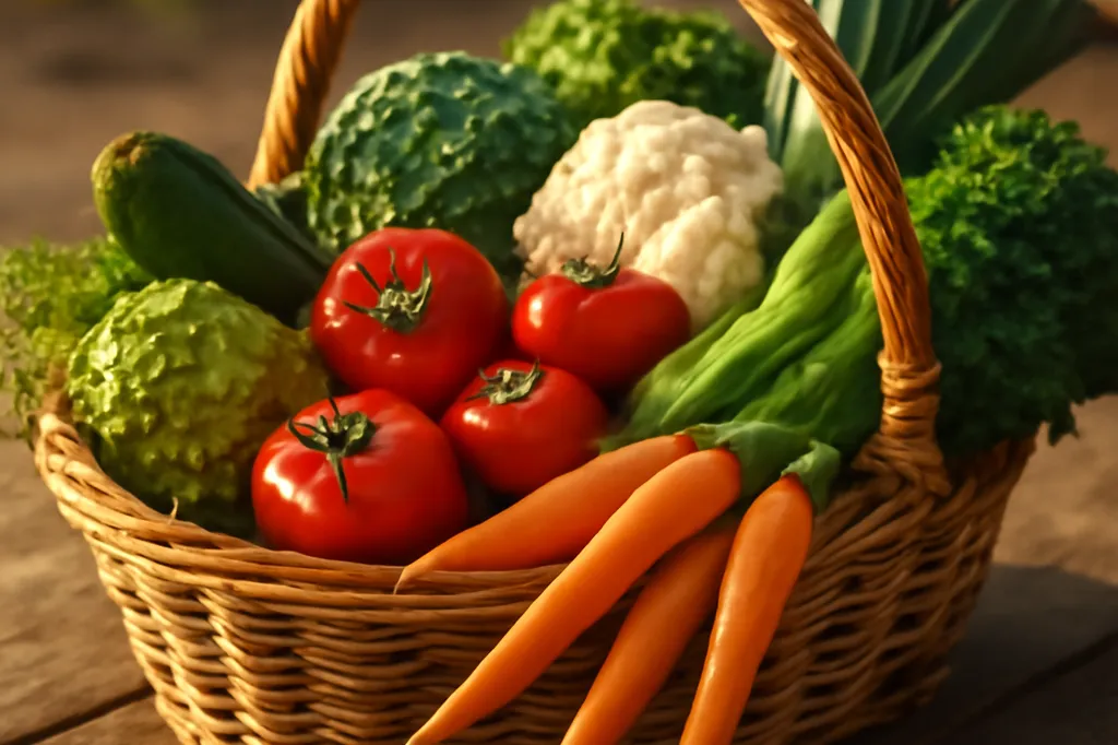 Panier en osier rempli de légumes biologiques de saison prêt pour une distribution en circuit court dans le Béarn