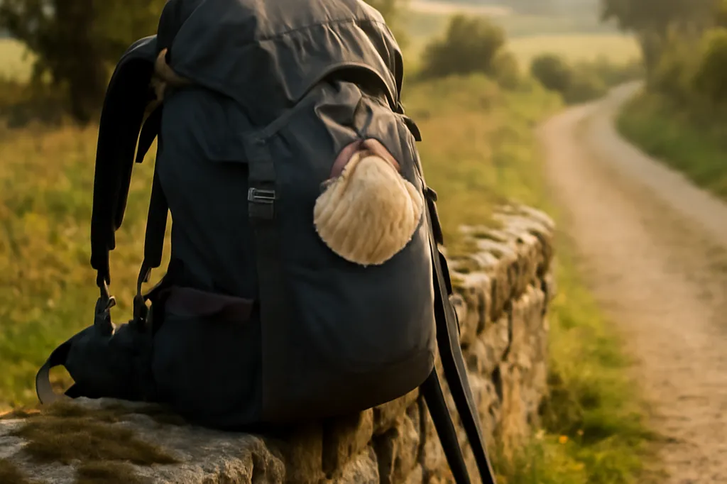 Pèlerin marchant seul sur un chemin de campagne du Béarn avec un sac à dos et une coquille Saint-Jacques, lumière du matin