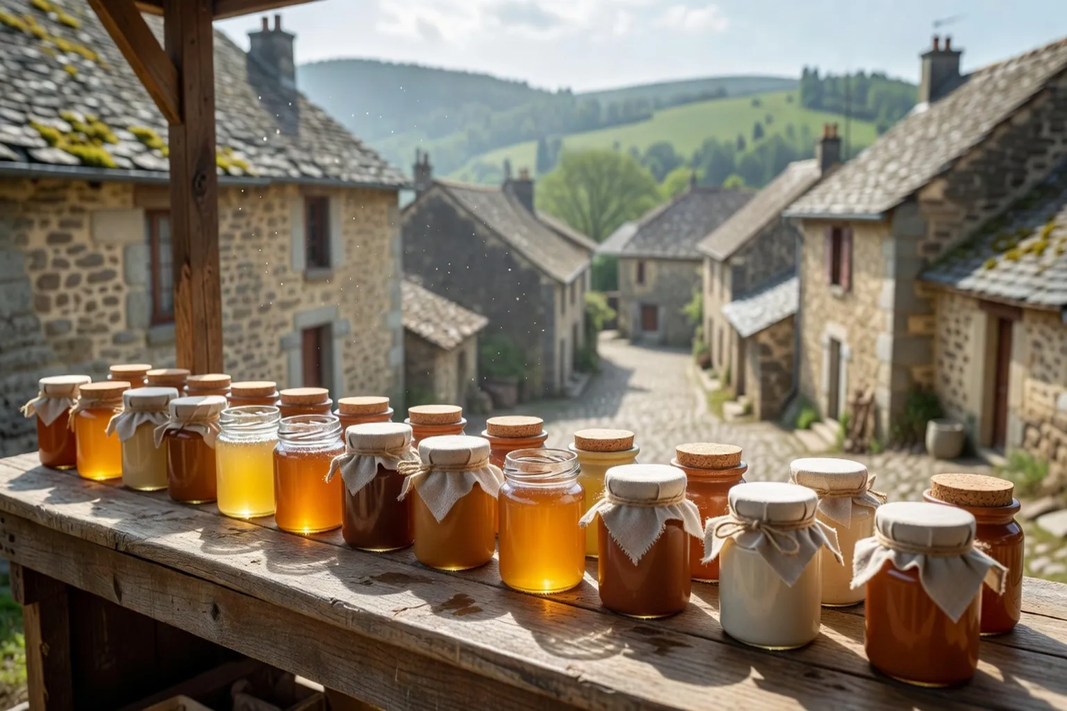 Pots de miel artisanal alignés sur un étal de marché de producteurs