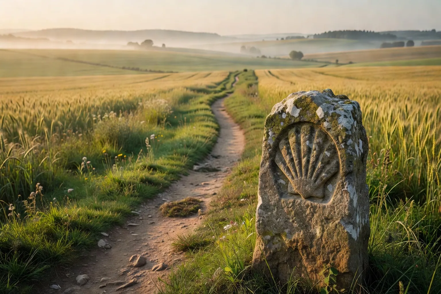 Sentier de pèlerinage dans la campagne béarnaise avec une coquille Saint-Jacques gravée sur une borne de pierre ancienne