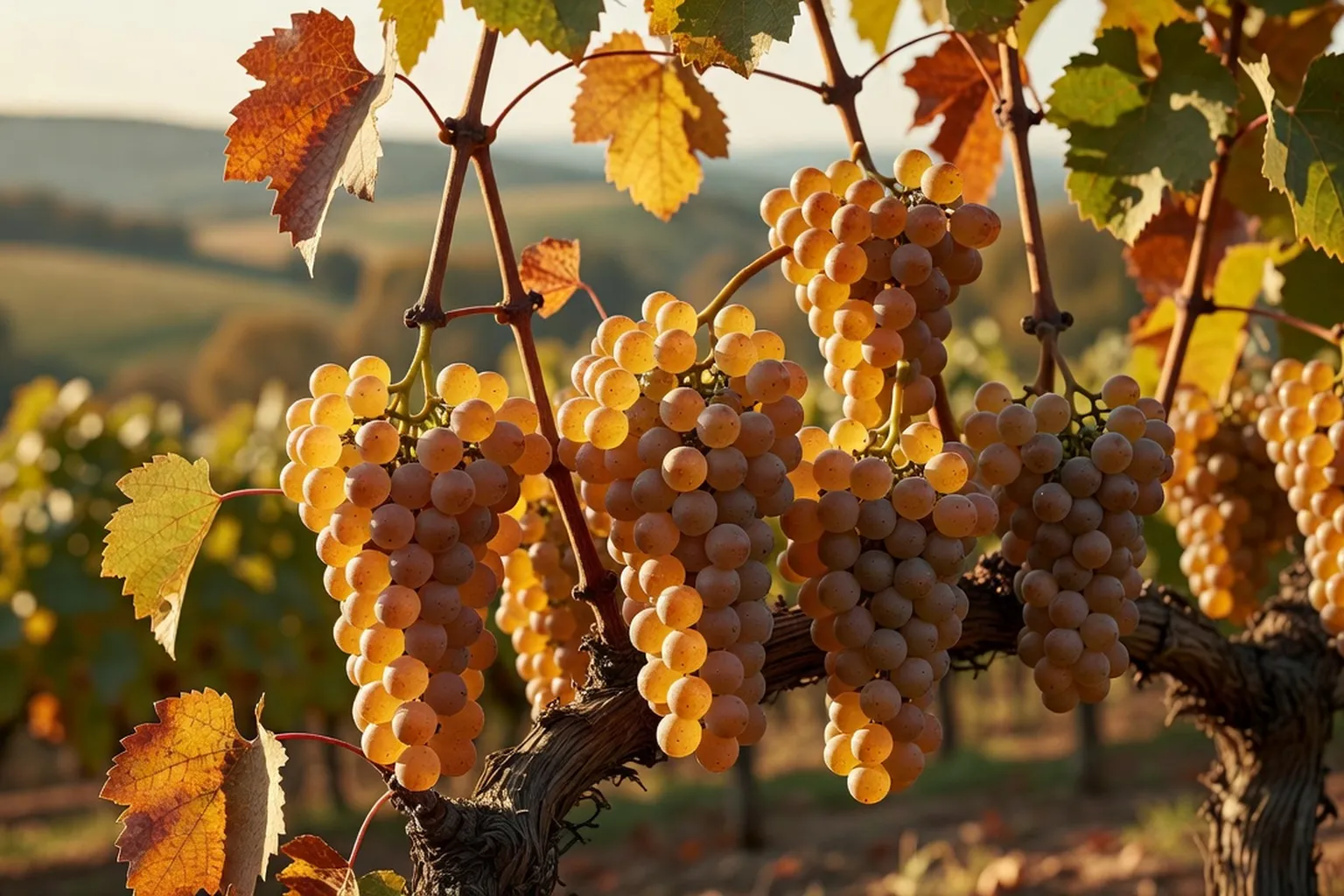 Grappe de petit manseng dans les coteaux du Jurançon à l'automne