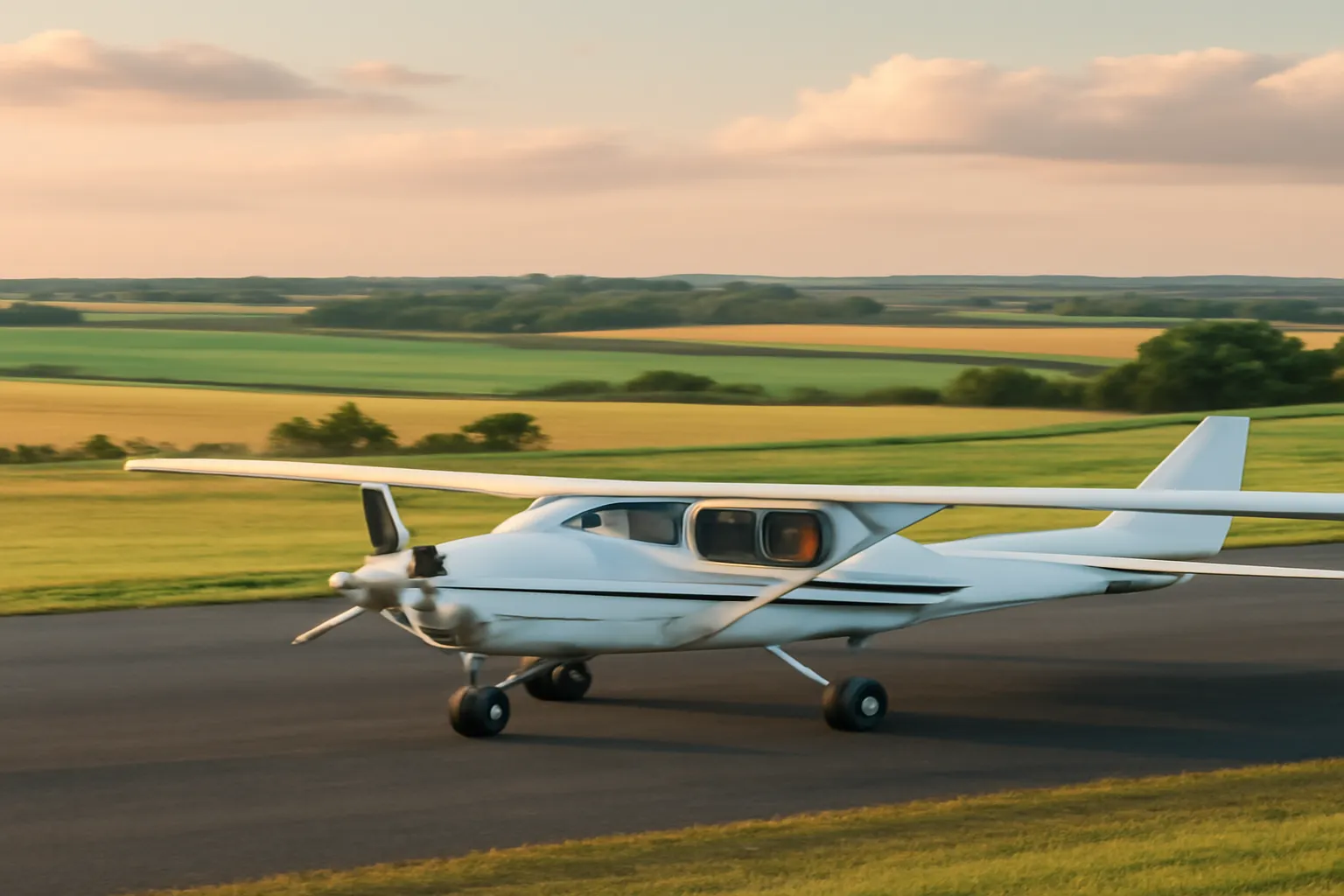 Petit avion léger sur la piste de l'aérodrome régional entouré de champs agricoles de la plaine béarnaise
