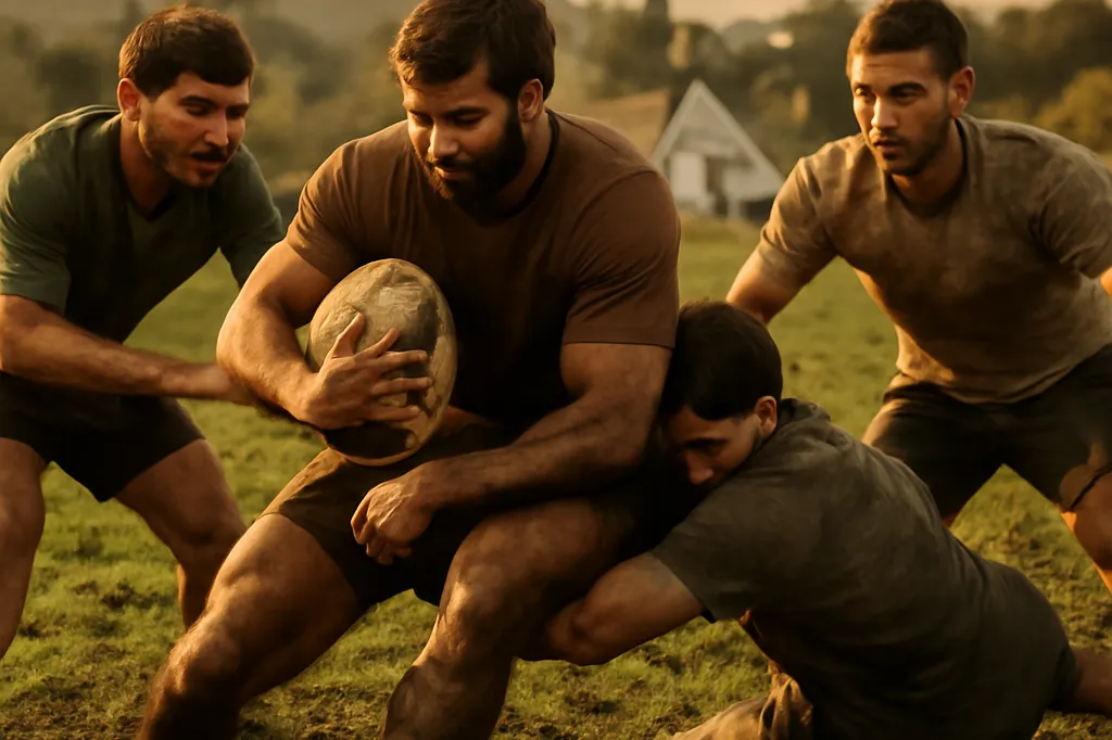 Joueurs de rugby amateur disputant un match sur un terrain communal d'un village béarnais sous un ciel dégagé