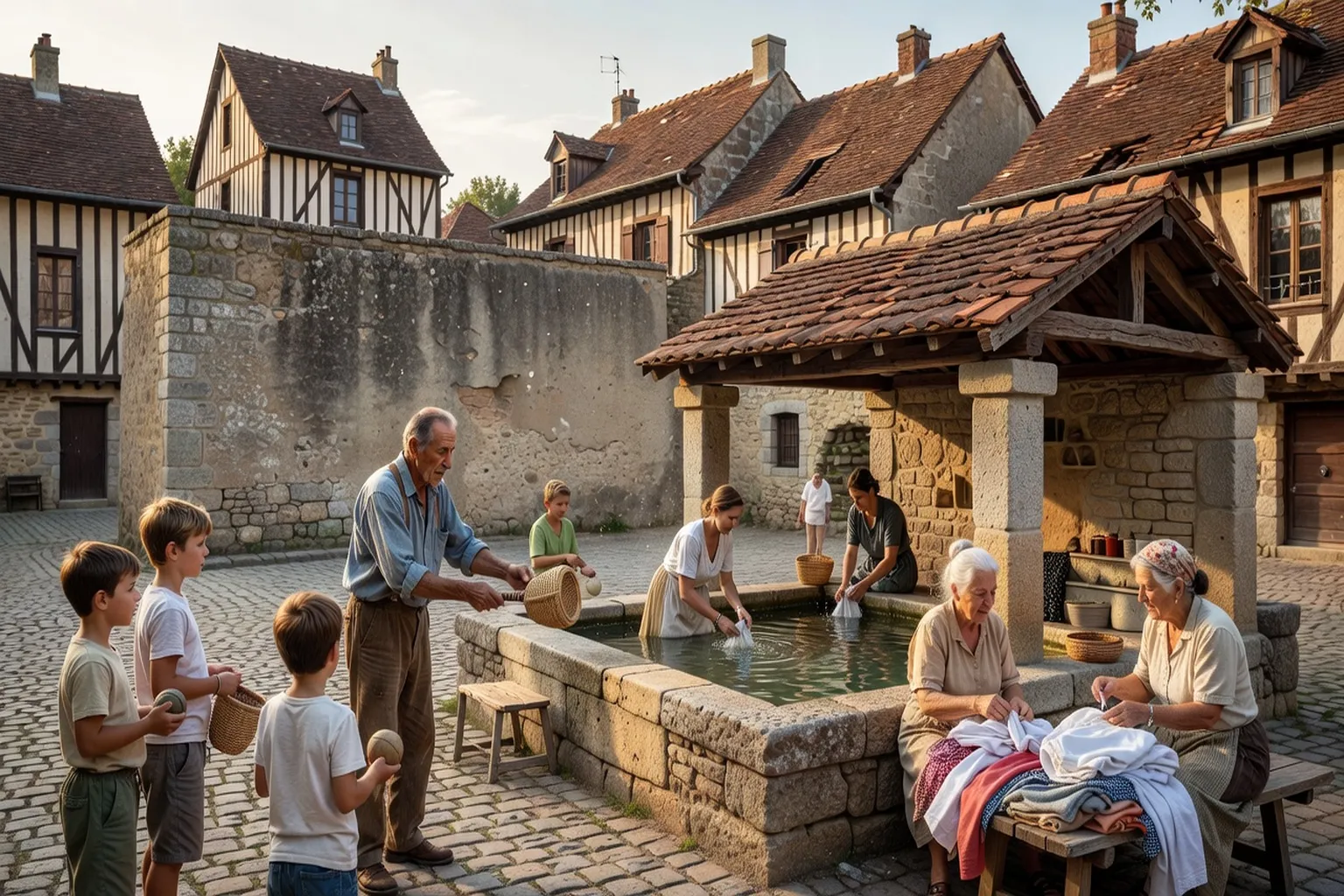 Place de village béarnais avec fronton de pelote et lavoir traditionnel