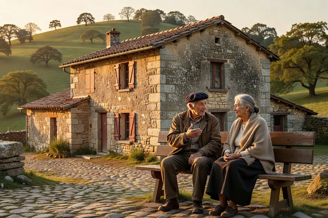 Deux anciens assis sur un banc devant une ferme béarnaise, moment de transmission orale entre générations