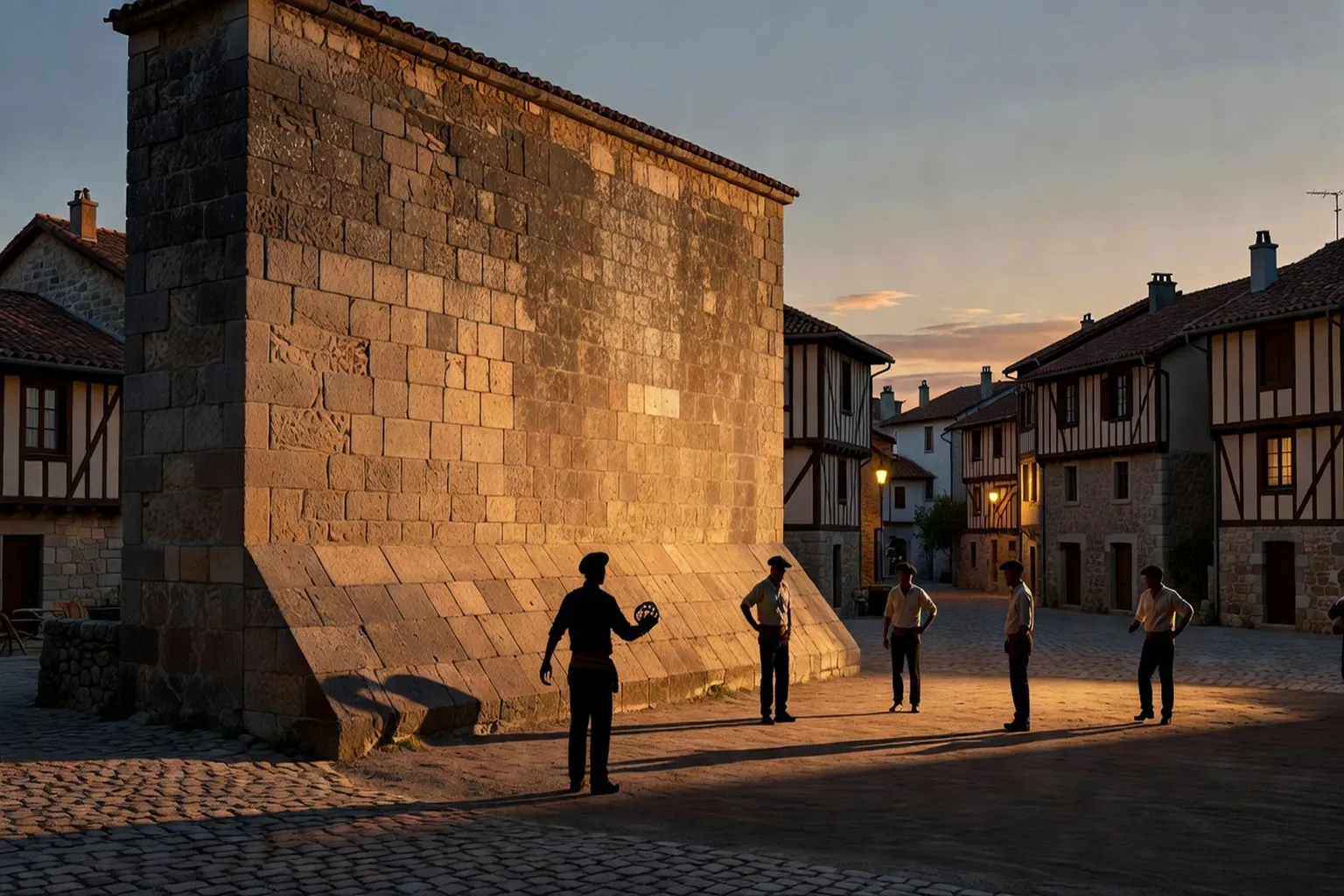 Fronton de pelote basque en pierre calcaire dans un village béarnais