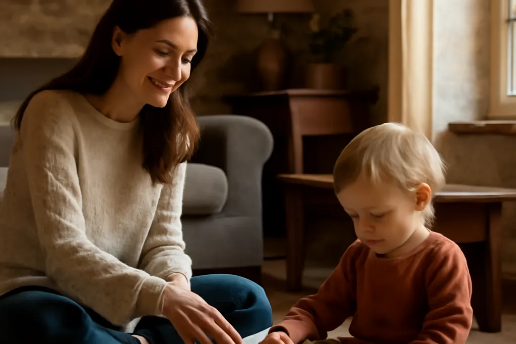 Assistante maternelle souriante jouant avec un jeune enfant dans un intérieur chaleureux du Béarn rural