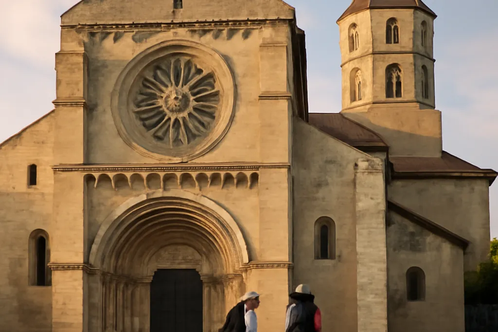 Façade de la cathédrale de Lescar avec des pèlerins de passage devant l'édifice roman