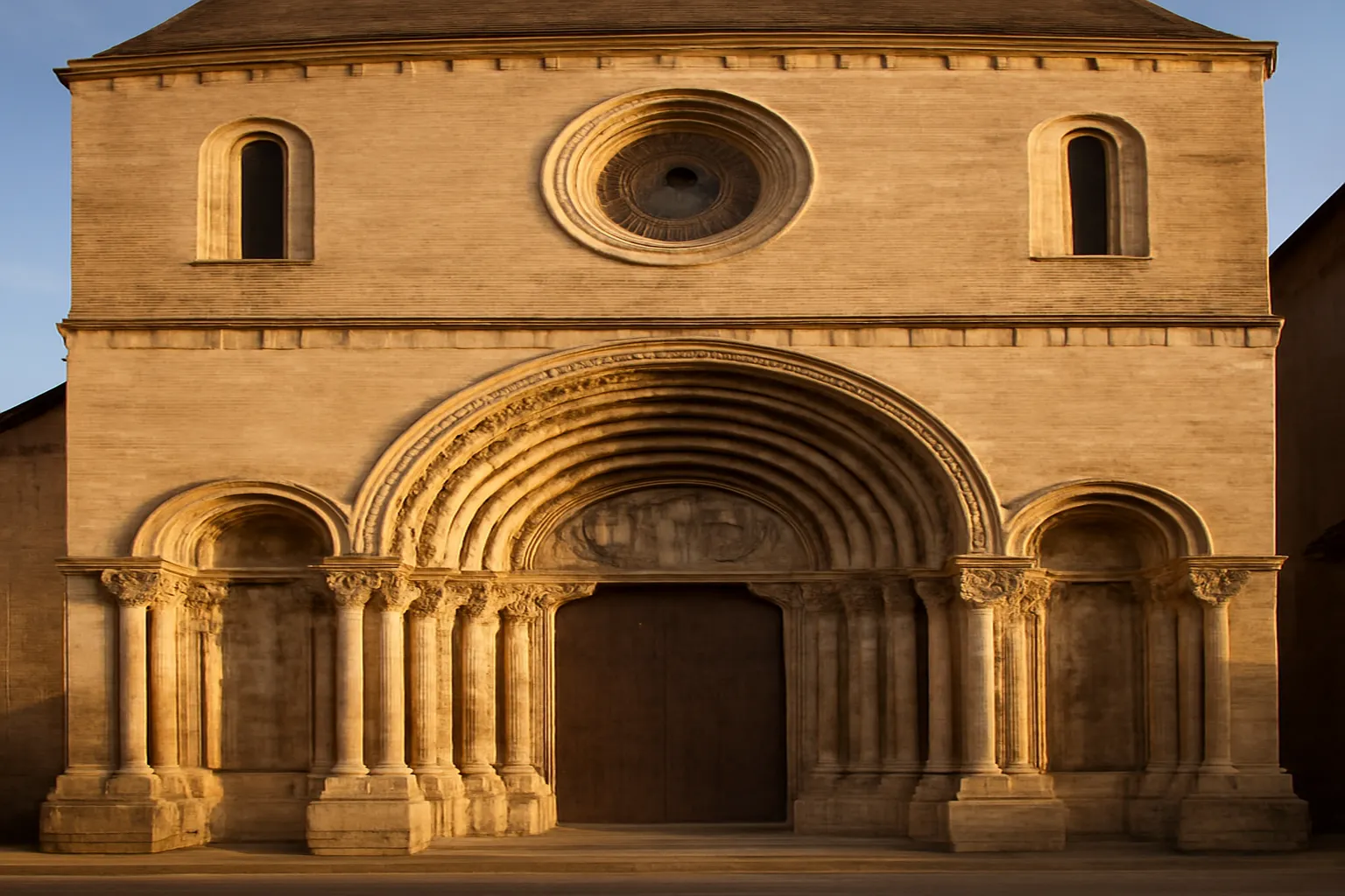 Façade romane d'une cathédrale béarnaise avec portail sculpté et colonnettes à chapiteaux ornés