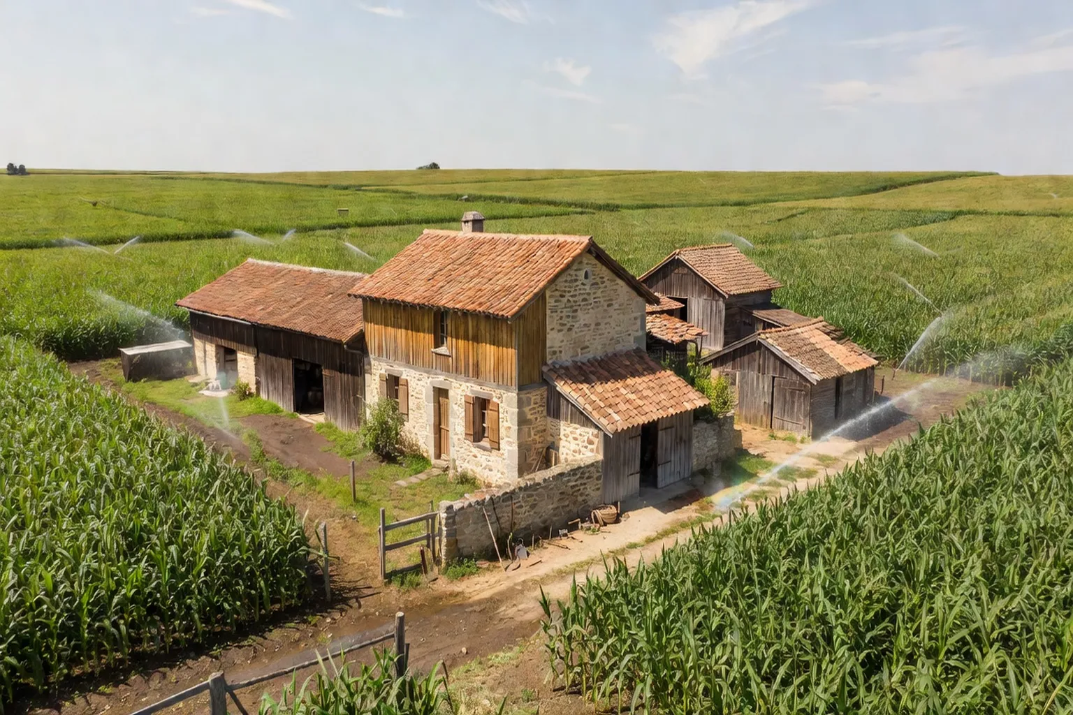 Ferme béarnaise traditionnelle entourée de champs de maïs irrigués près de l'aérodrome de Pau-Pyrénées