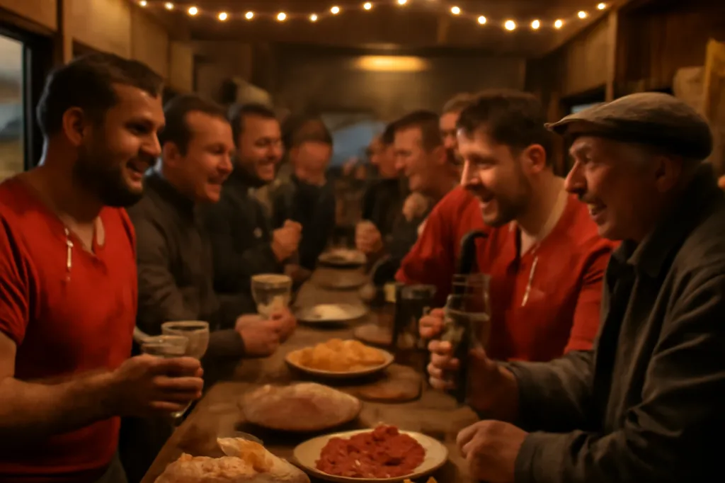 Convivialité à la buvette d'un club de rugby de village béarnais après un match, ambiance chaleureuse