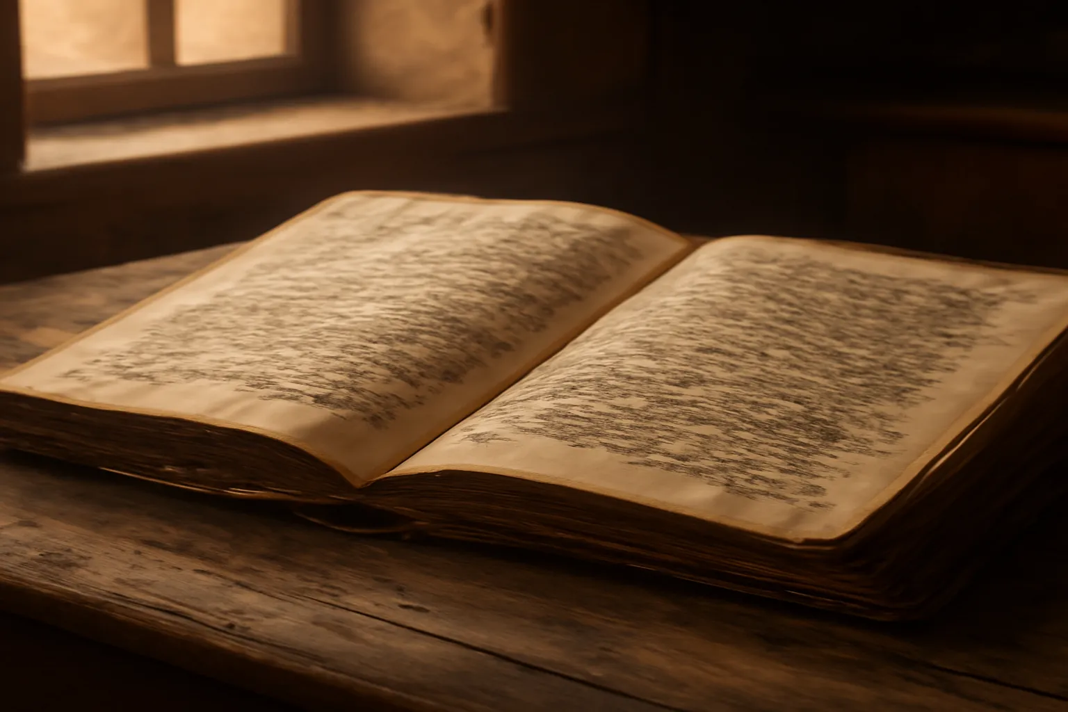 Vieux livre ouvert avec écriture manuscrite ancienne sur une table en bois rustique