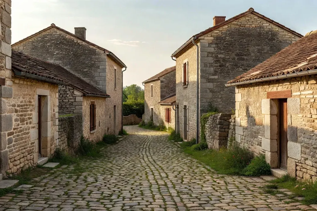 Rue ancienne du centre-bourg de Poey-de-Lescar bordée de maisons en pierre