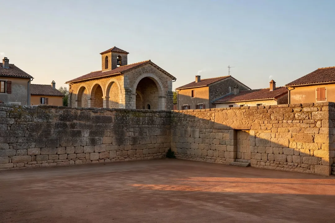 Fronton de pelote et église de village en toile de fond, identité gasconne du Béarn rural