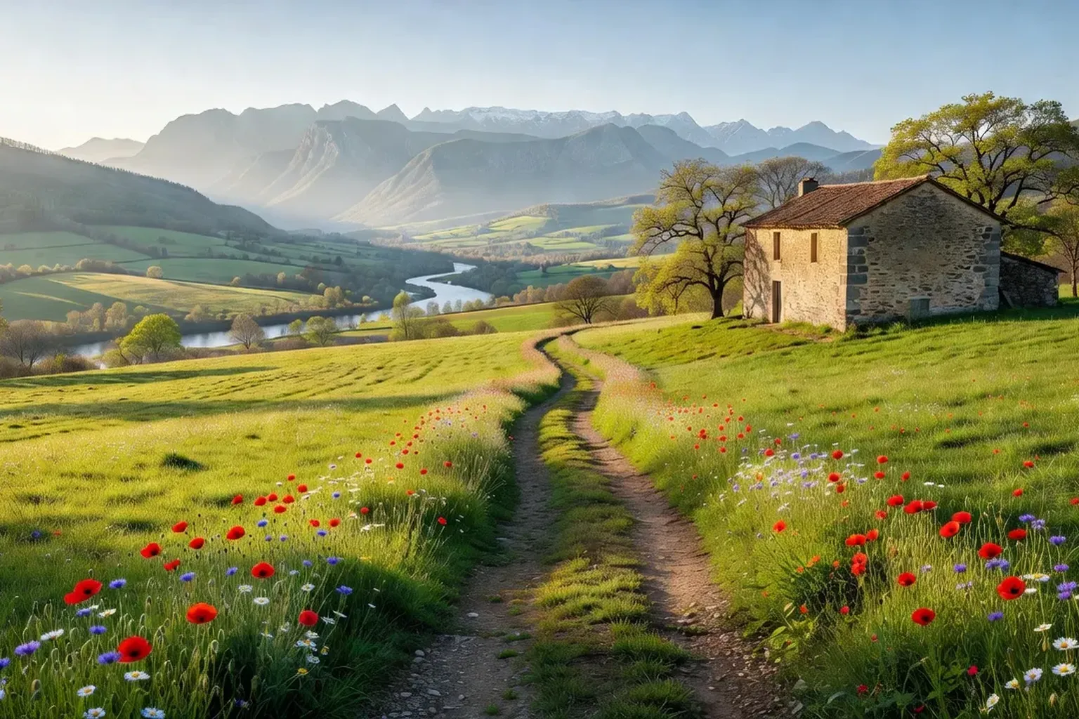 Sentier de Beyrie-en-Béarn : prairies de fauche, galets et vue sur Pau
