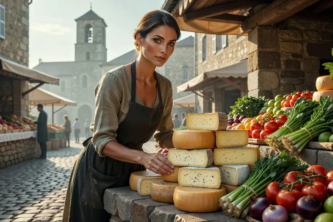 Étal de fromages et légumes sur le marché de Lescar en Béarn, place de la Liberté un matin de marché