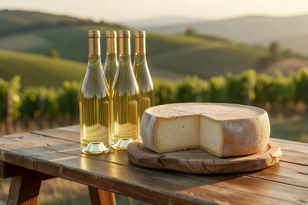 Bouteilles de vin de Jurançon et fromage Ossau-Iraty exposés sur un étal de marché béarnais